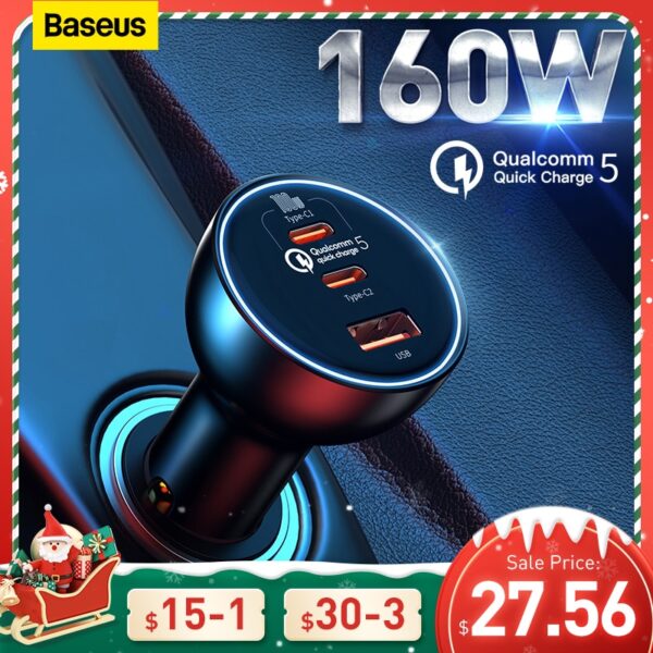 Baseus 160W Car Charger QC 5.0 Fast Quick Charging PPS PD3.0 USB Type C Car Phone Charge For iPhone 14 13 12 Pro Laptops Tablets